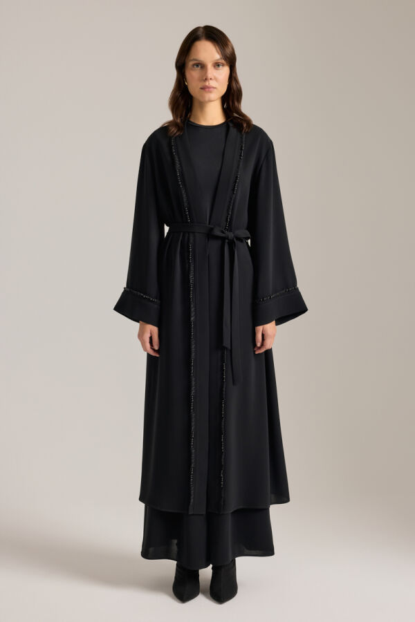 Siyah Boncuk ve İp İşlemeli Kimono - 5