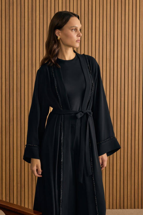 Siyah Boncuk ve İp İşlemeli Kimono - 3