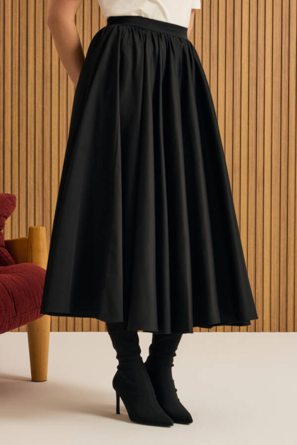 Siyah Büzgülü Kloş Cotton Etek - 5