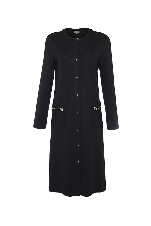 Siyah Cepleri İşleme Detaylı Örme Uzun Hırka - Aker