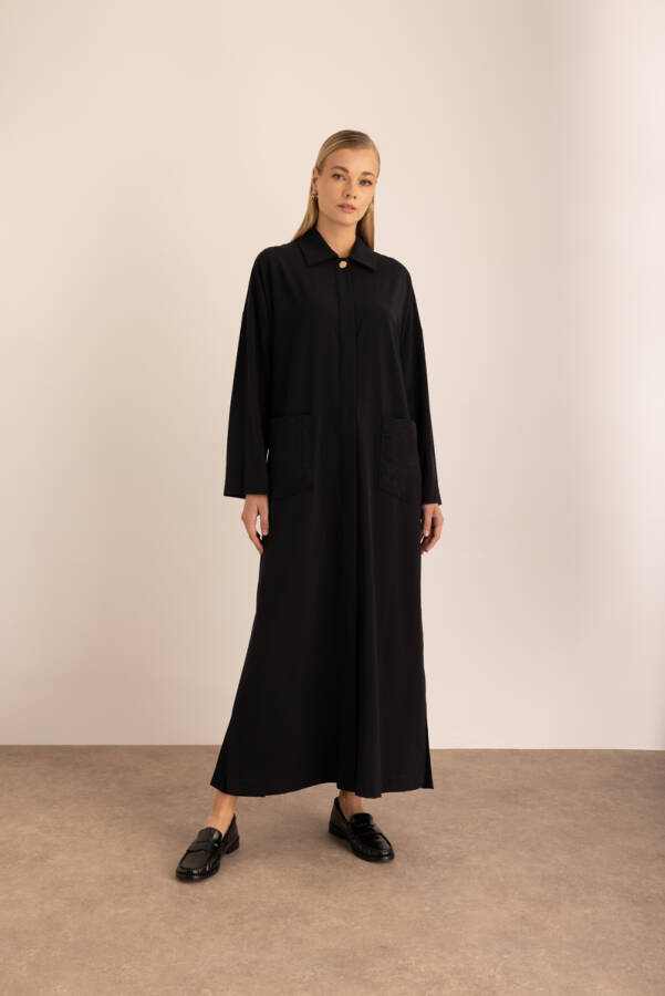 Siyah Cepleri Nakışlı Dokuma Ferace - Aker