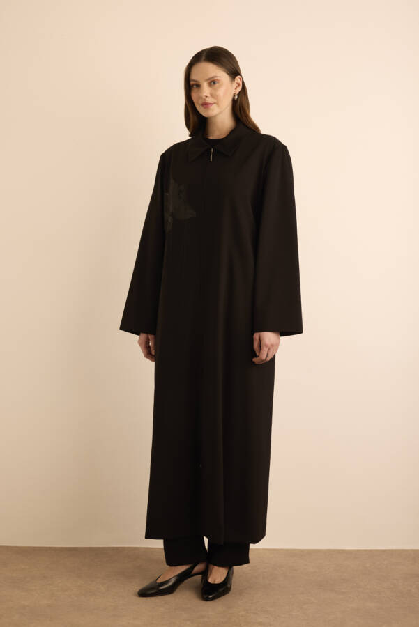 Siyah Çicek Baskı Detaylı Fermuarlı Ferace - Aker (1)