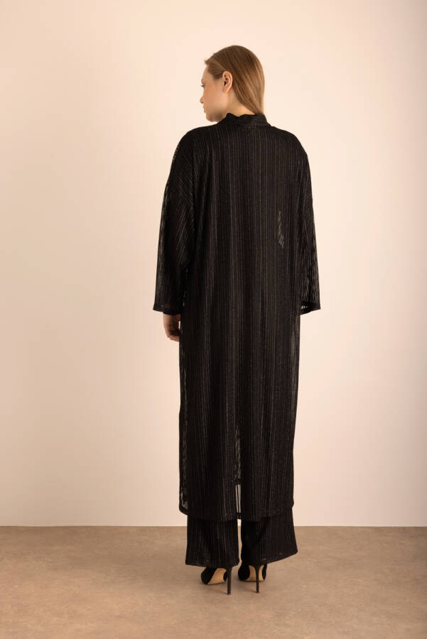 Siyah Çiçek Broş Detaylı Örme Simli Kimono - 7