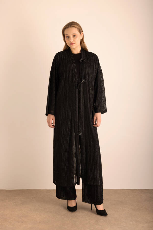 Siyah Çiçek Broş Detaylı Örme Simli Kimono - 4