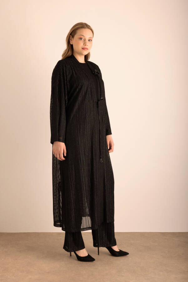 Siyah Çiçek Broş Detaylı Örme Simli Kimono - 6