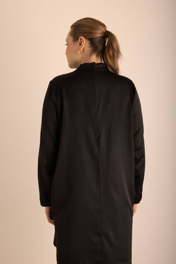 Siyah Çiçek Broşlu Varak Dokuma Kumaşlı Tunik - 6