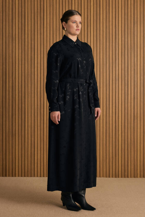 Siyah Çiçek Jakar Desenli Bağcıklı Viscon Elbise - 4