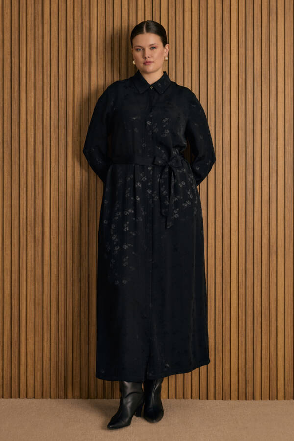 Siyah Çiçek Jakar Desenli Bağcıklı Viscon Elbise - Aker (1)