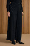 Siyah Çicek Jakar Desenli Beli Lastikli Pantolon - 2