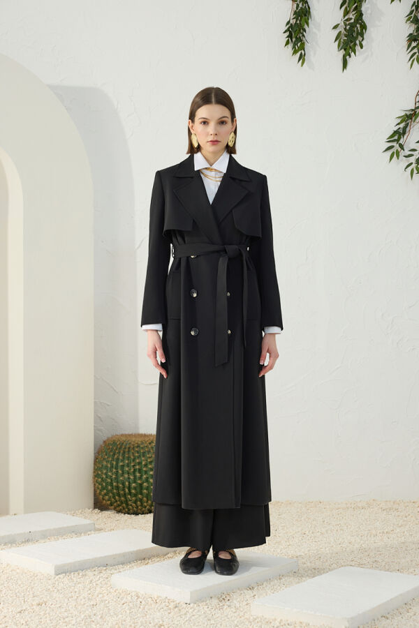 Siyah Çift Rüzgarlı Pardösü - 4