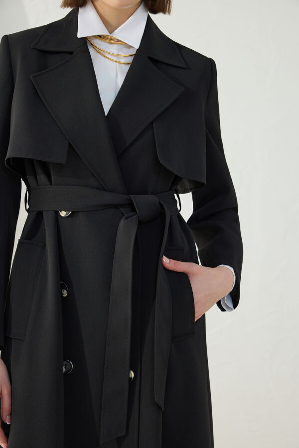 Siyah Çift Rüzgarlı Pardösü - 6