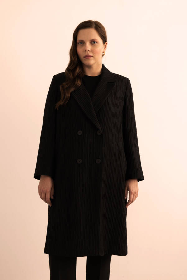 Siyah Çizgi Dokulu Tencel Rayon Kumaş Trençkot - 1