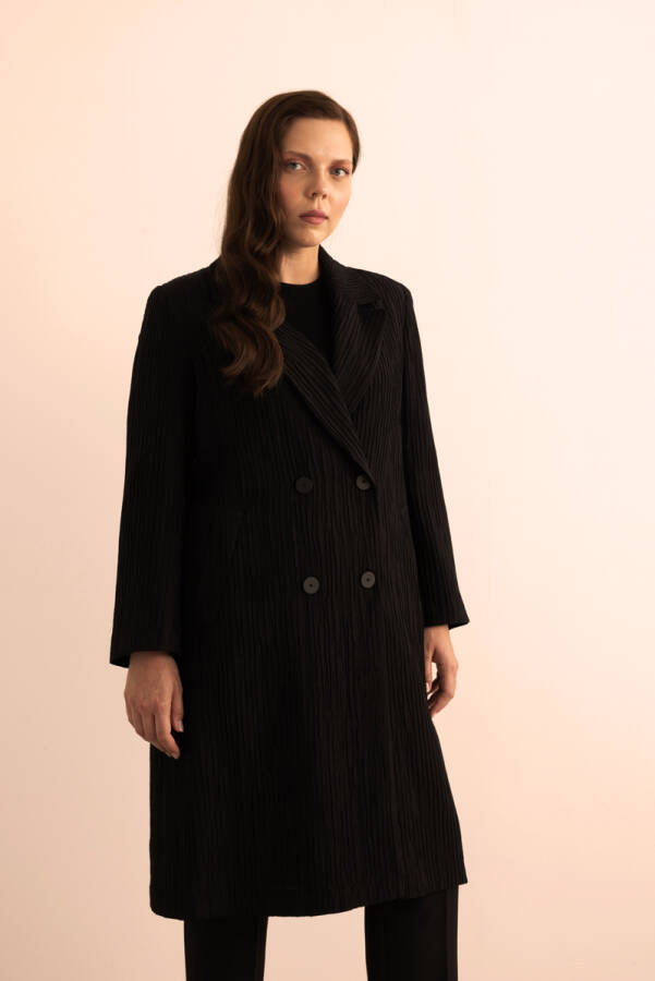 Siyah Çizgi Dokulu Tencel Rayon Kumaş Trençkot - 2