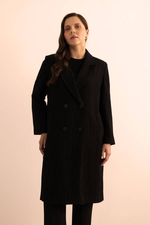 Siyah Çizgi Dokulu Tencel Rayon Kumaş Trençkot - 3