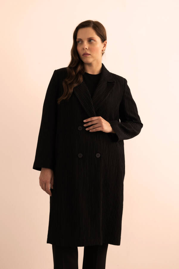 Siyah Çizgi Dokulu Tencel Rayon Kumaş Trençkot - 5