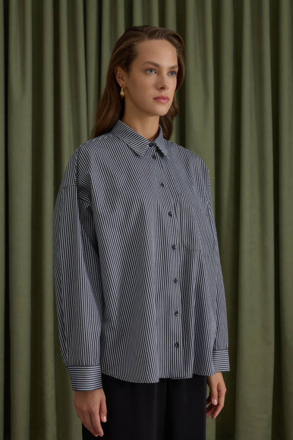 Siyah Çizgili Cotton Gömlek - 3