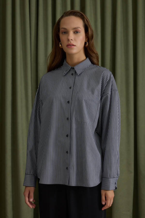 Siyah Çizgili Cotton Gömlek - 5