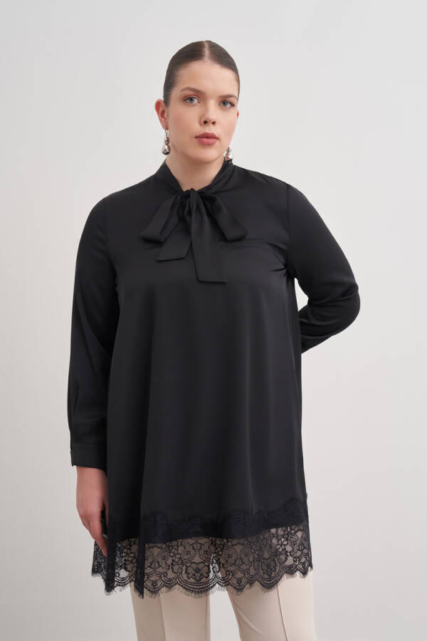 Siyah Dantel Şeritli Yakası Bağcıklı Tunik - 2