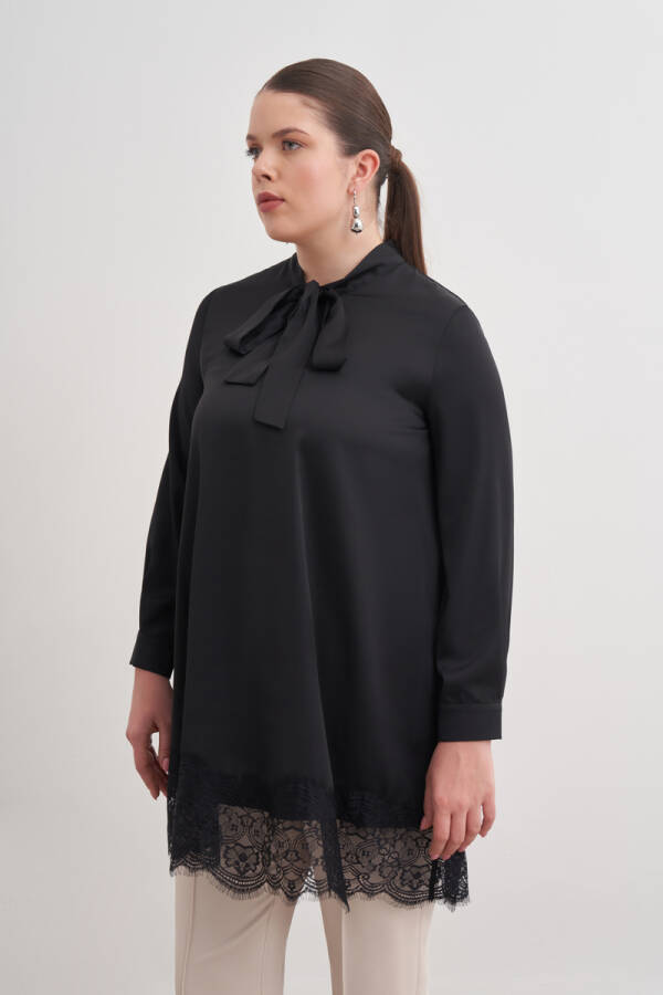 Siyah Dantel Şeritli Yakası Bağcıklı Tunik - 4
