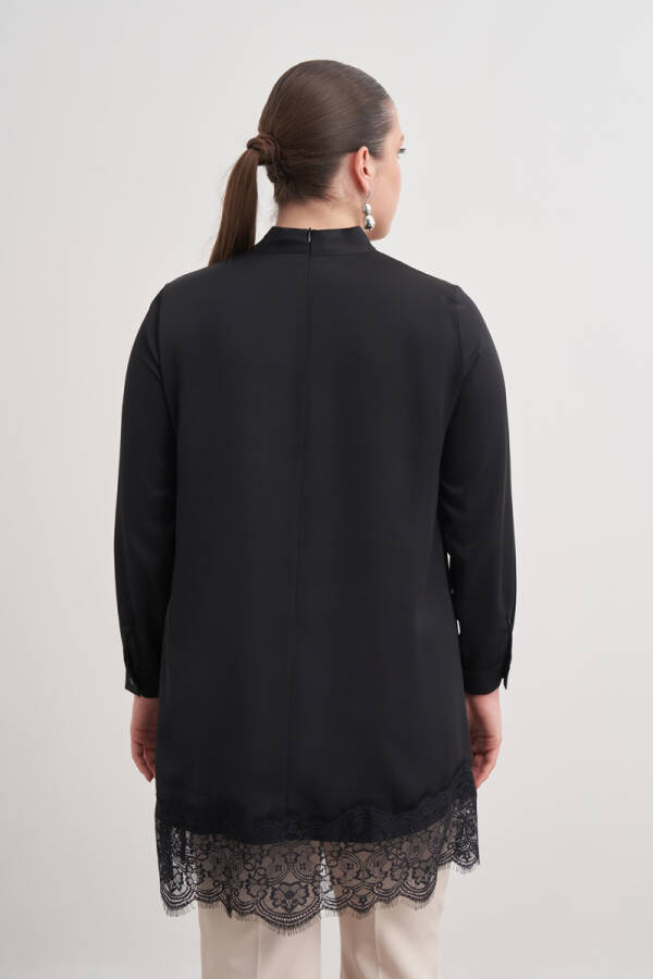 Siyah Dantel Şeritli Yakası Bağcıklı Tunik - 5
