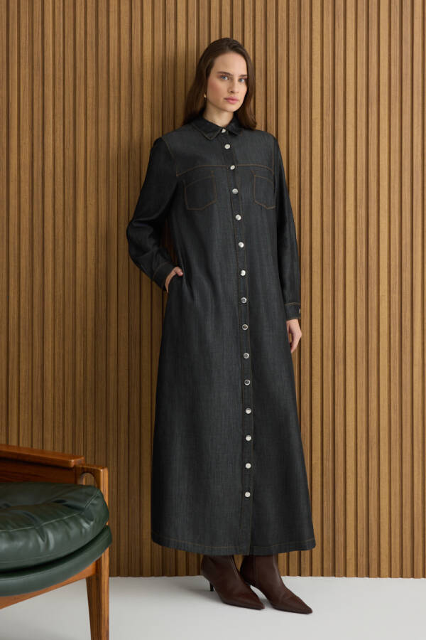 Siyah Denim Görünümlü Ferace - 1