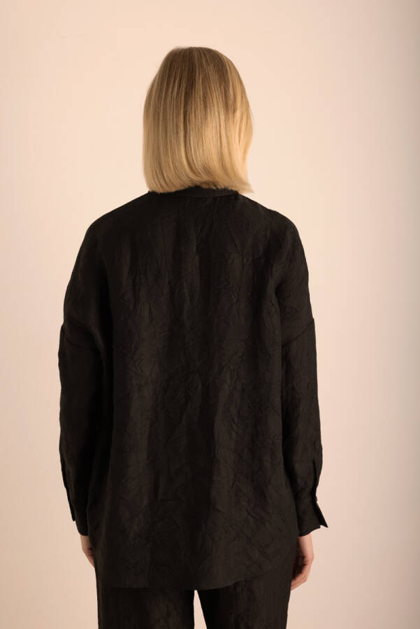 Siyah Kraş Efektli Keten Gömlek - 6