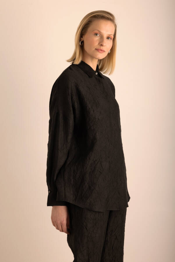 Siyah Kraş Efektli Keten Gömlek - 3