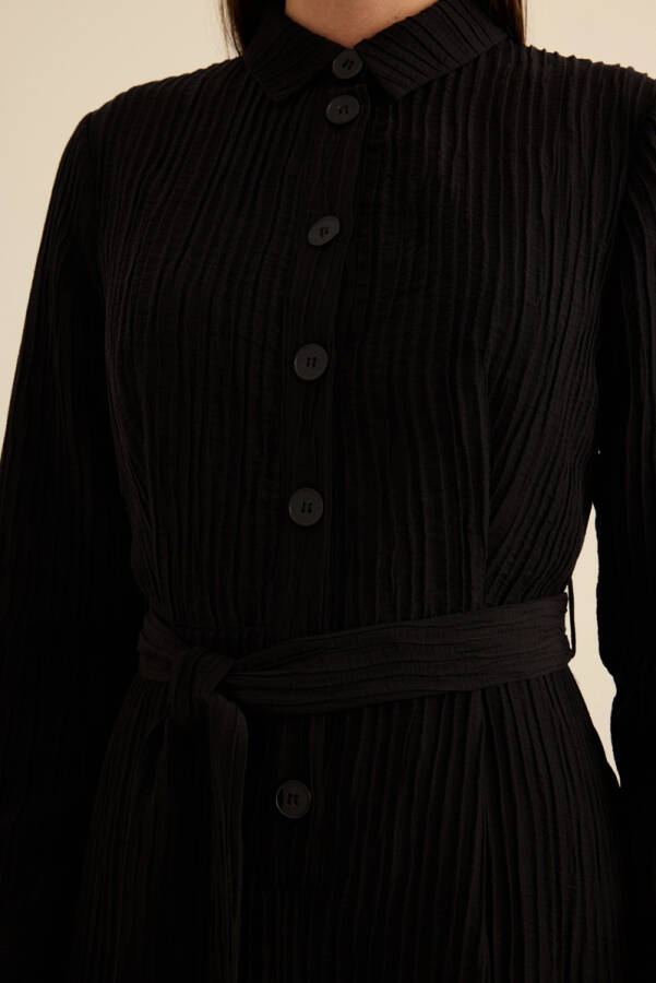 Siyah Doğal Dokulu Kumaş Gömlek Elbise - 6