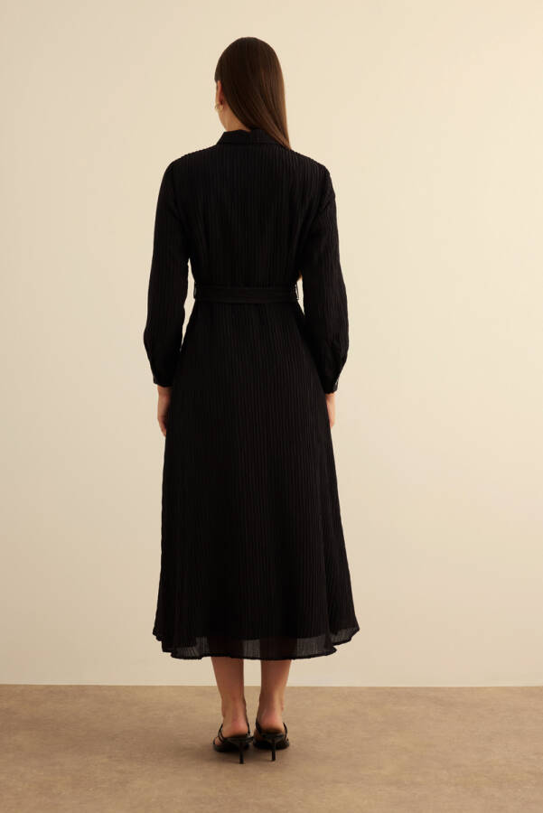 Siyah Doğal Dokulu Kumaş Gömlek Elbise - 7