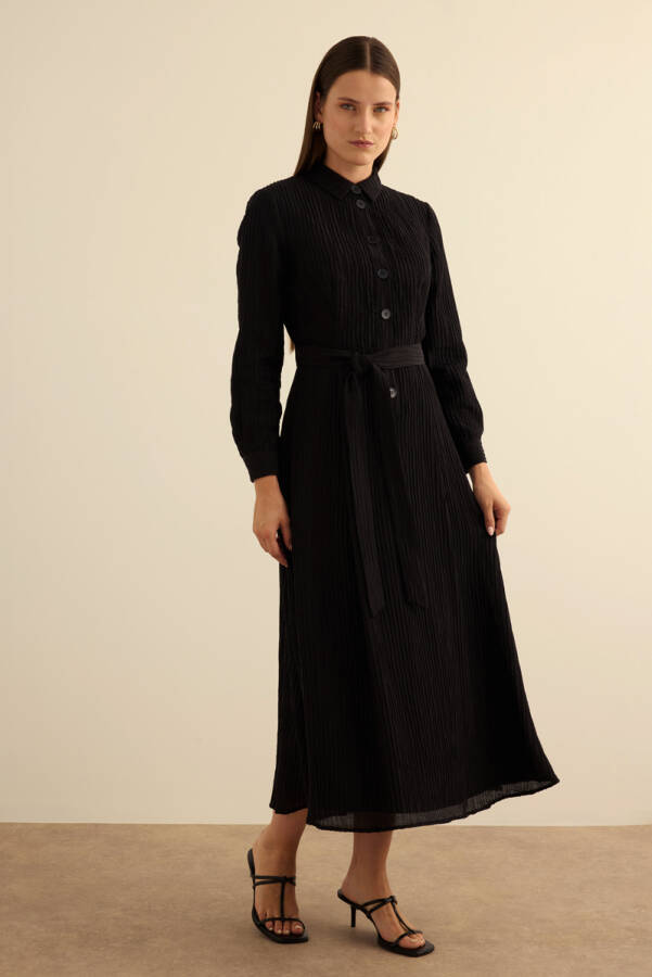 Siyah Doğal Dokulu Kumaş Gömlek Elbise - Aker