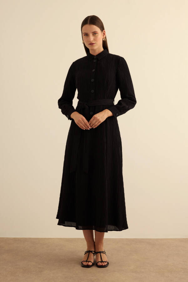 Siyah Doğal Dokulu Kumaş Gömlek Elbise - Aker (1)