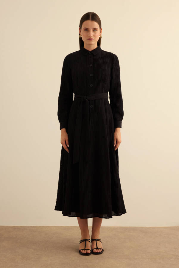 Siyah Doğal Dokulu Kumaş Gömlek Elbise - 3