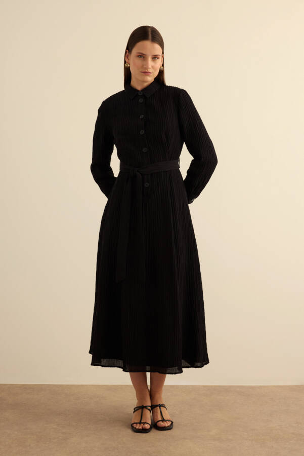 Siyah Doğal Dokulu Kumaş Gömlek Elbise - 5