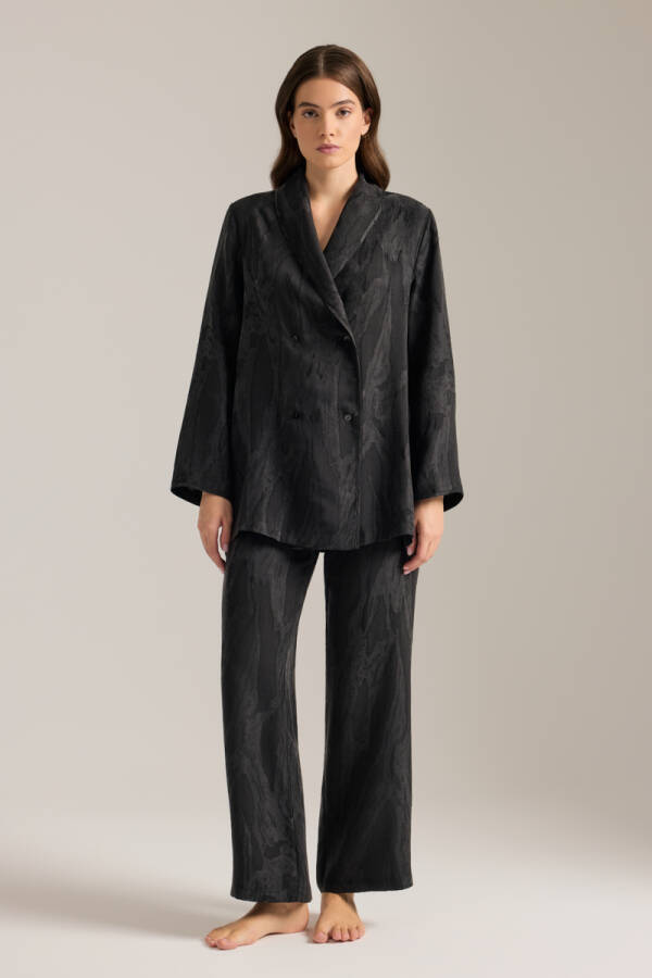 Siyah Dokulu Tencel Beli Lastikli Pijama Altı - Aker