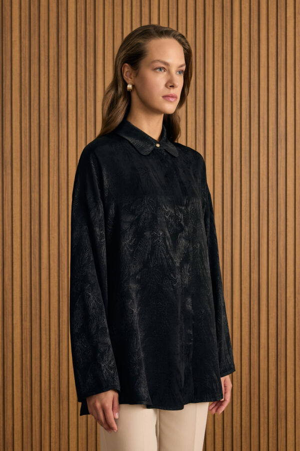 Siyah Dokusu Desenli Rayon Gömlek - 2