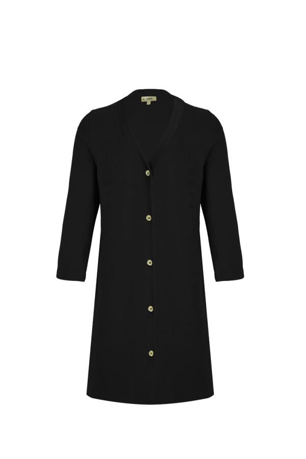 Siyah Düğmeli Uzun Hırka - 1
