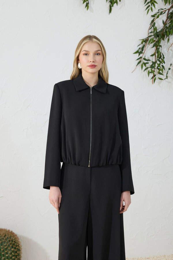 Siyah Etek Ucu Büzgülü Ceket - 3