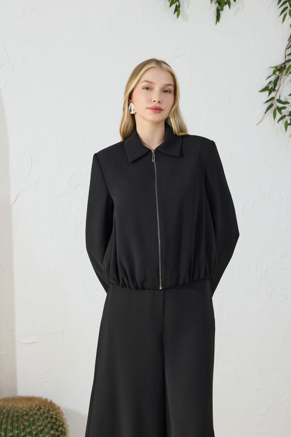 Siyah Etek Ucu Büzgülü Ceket - 4