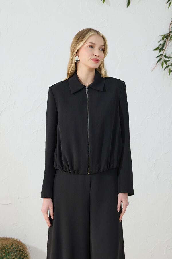 Siyah Etek Ucu Büzgülü Ceket - 5