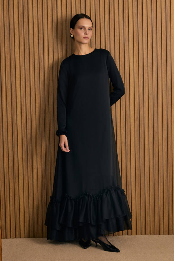Siyah Fırfırlı Şifon Elbise - 1