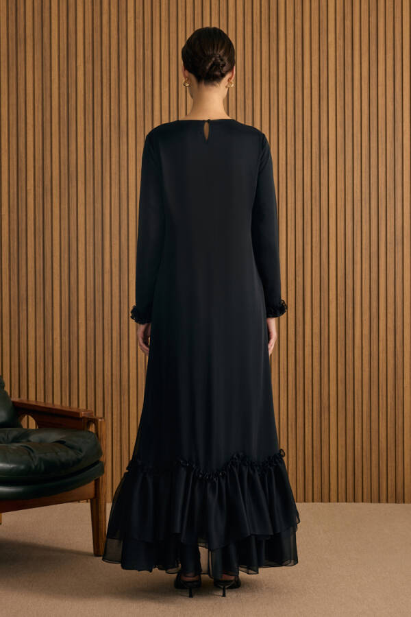 Siyah Fırfırlı Şifon Elbise - 6