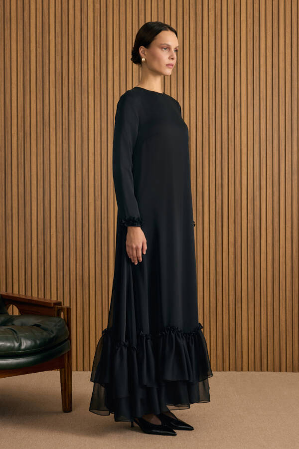 Siyah Fırfırlı Şifon Elbise - 3
