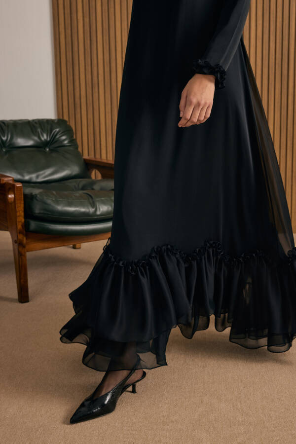 Siyah Fırfırlı Şifon Elbise - 4