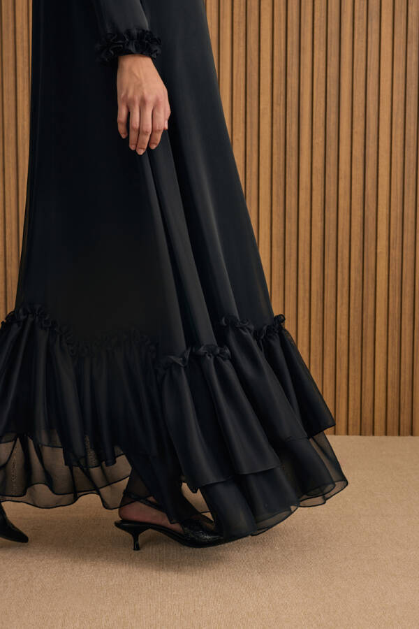 Siyah Fırfırlı Şifon Elbise - 5