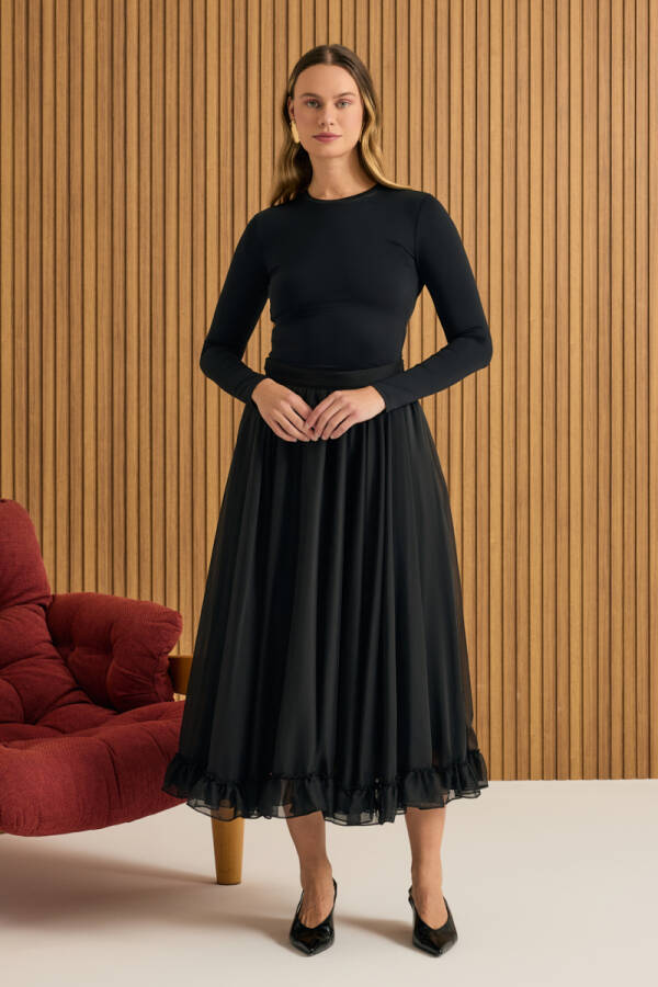 Siyah Fırfırlı Şifon Etek - 2