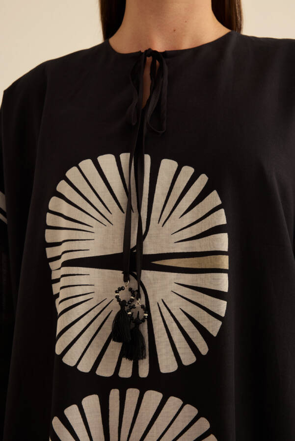 Siyah Geometrik Desenli Cotton Yaz Serinliği Kimono - 5