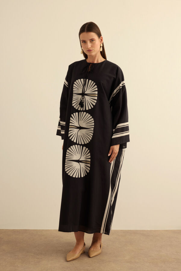 Siyah Geometrik Desenli Cotton Yaz Serinliği Kimono - Aker
