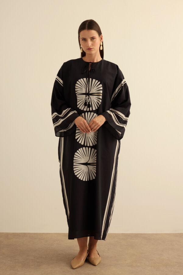 Siyah Geometrik Desenli Cotton Yaz Serinliği Kimono - 3