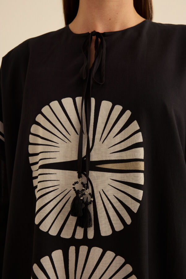 Siyah Geometrik Desenli Cotton Yaz Serinliği Kimono - 6