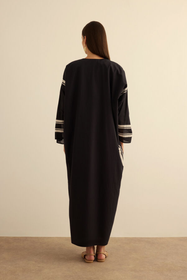 Siyah Geometrik Desenli Cotton Yaz Serinliği Kimono - 7